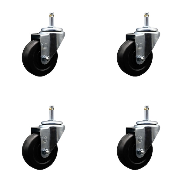 3.5 Hard Rubber Wheel Swivel 7/16'' Grip Ring Stem Caster Set, 4PK